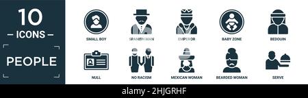 filled people icon set. contain flat small boy, spanish man, emperor, baby zone, bedouin, null, no racism, mexican woman, bearded woman, serve icons i Stock Vector