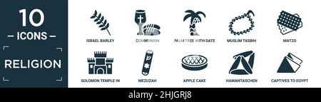 filled religion icon set. contain flat israel barley, communion, palm tree with date, muslim tasbih, matzo, solomon temple in jerusalem, mezuzah, appl Stock Vector
