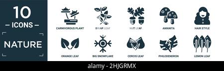 filled nature icon set. contain flat carnivorous plant, briar leaf, nut leaf, amanita, hair style, orange leaf, big snowflake, cercis philodendron, le Stock Vector