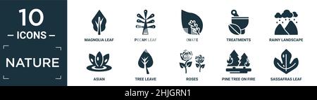 filled nature icon set. contain flat magnolia leaf, pecan leaf, ovate, treatments, rainy landscape, asian, tree leave, roses, pine tree on fire, sassa Stock Vector