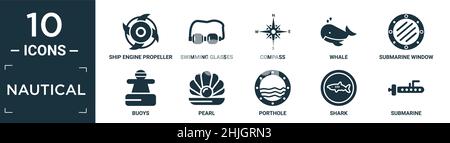 filled nautical icon set. contain flat ship engine propeller, swimming glasses, compass, whale, submarine window, buoys, pearl, porthole, shark, subma Stock Vector