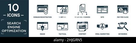 filled search engine optimization icon set. contain flat domain registration, ranking, sharing archives, site, pay per click, image, tactical, content Stock Vector