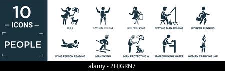 filled people icon set. contain flat null, boy kid avatar, girl walking, sitting man fishing, worker running, lying person reading, man skiing, man pr Stock Vector