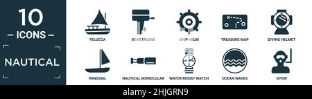 filled nautical icon set. contain flat felucca, boat engine, ship helm, treasure map, diving helmet, windsail, nautical monocular, water resist watch, Stock Vector