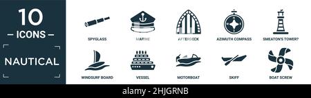 filled nautical icon set. contain flat spyglass, marine, afterdeck, azimuth compass, smeaton's tower?, windsurf board, vessel, motorboat, skiff, boat Stock Vector
