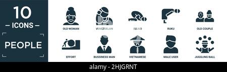 filled people icon set. contain flat old woman, venezuelan, sujud, ruku, old couple, effort, bussiness man, vietnamese, male user, juggling ball icons Stock Vector
