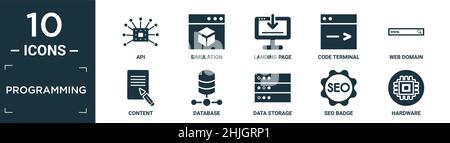 filled programming icon set. contain flat api, simulation, landing page, code terminal, web domain, content, database, data storage, seo badge, hardwa Stock Vector