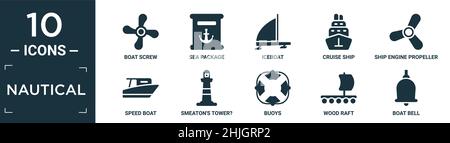 filled nautical icon set. contain flat boat screw, sea package, iceboat, cruise ship, ship engine propeller, speed boat, smeaton's tower?, buoys, wood Stock Vector