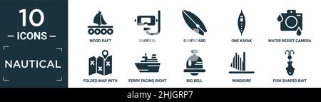 filled nautical icon set. contain flat wood raft, snorkel, surfboard, one kayak, water resist camera, folded map with placeholder, ferry facing right, Stock Vector