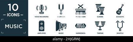 filled music icon set. contain flat voice recording, diapason, percussion, djembe, acoustic, amplifier, music, harmonica, timpani, shuffle icons in ed Stock Vector