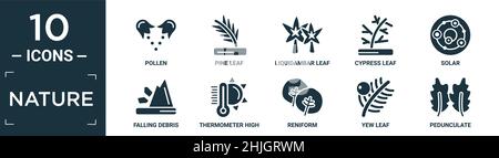 filled nature icon set. contain flat pollen, pine leaf, liquidambar leaf, cypress leaf, solar, falling debris, thermometer high temperature, reniform, Stock Vector