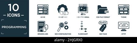filled programming icon set. contain flat ux de, image seo, code terminal, css file format, theme, broken link, seo configuration, flowchart, seo tags Stock Vector