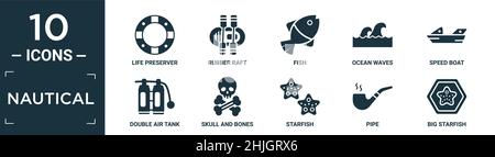 filled nautical icon set. contain flat life preserver, rubber raft, fish, ocean waves, speed boat, double air tank, skull and bones, starfish, pipe, b Stock Vector