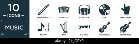 filled music icon set. contain flat pennywhistle, accordion, percussion, disc, heavy metal, melody, harp, bassoon, violoncello, double bass icons in e Stock Vector