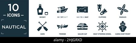 filled nautical icon set. contain flat whisky, watercraft, nautical map, flippers, paddles, oars, trireme, sailor cap, boat steering wheel, cargo ship Stock Vector