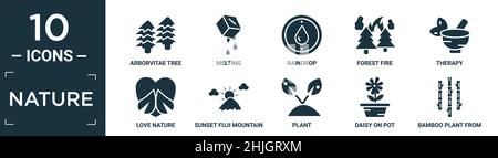 filled nature icon set. contain flat arborvitae tree, melting, raindrop, forest fire, therapy, love nature, sunset fuji mountain, plant, daisy on pot, Stock Vector