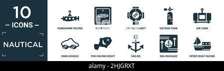 filled nautical icon set. contain flat submarine facing right, rope knot, diving helmet, oxygen tank, air tank, swin goggle, fish facing right, sailor Stock Vector