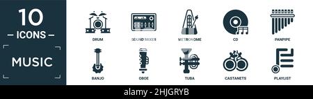 filled music icon set. contain flat drum, sound mixer, metronome, cd, panpipe, banjo, oboe, tuba, castanets, playlist icons in editable format. Stock Vector