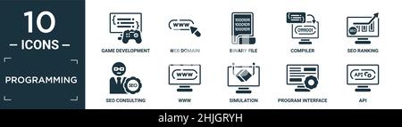 filled programming icon set. contain flat game development, web domain, binary file, compiler, seo ranking, seo consulting, www, simulation, program i Stock Vector