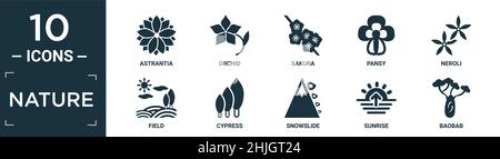 filled nature icon set. contain flat astrantia, orchid, sakura, pansy, neroli, field, cypress, snowslide, sunrise, baobab icons in editable format. Stock Vector