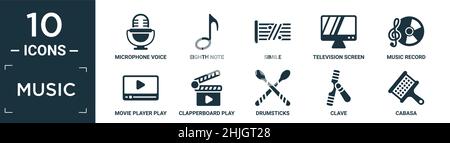filled music icon set. contain flat microphone voice recording, eighth note, simile, television screen off, music record, movie player play button, cl Stock Vector