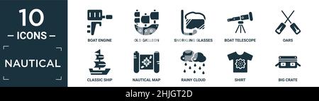 filled nautical icon set. contain flat boat engine, old galleon, snorkling glasses, boat telescope, oars, classic ship, nautical map, rainy cloud, shi Stock Vector