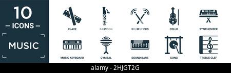 filled music icon set. contain flat clave, bassoon, drumsticks, cello, synthesizer, music keyboard, cymbal, sound bars, gong, treble clef icons in edi Stock Vector