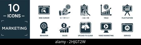 filled marketing icon set. contain flat web cursor, get money, analyze, yield, fluctuation, behavior, sales, upload to cloud, video marketing, service Stock Vector