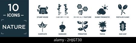 filled nature icon set. contain flat stump house, bamboo sticks, chemical structure, sunny pronostic, fertilize clinic, cuspicate, damaged, pinnation, Stock Vector