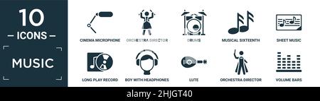 filled music icon set. contain flat cinema microphone, orchestra director, drums, musical sixteenth note, sheet music, long play record cover, boy wit Stock Vector