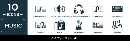 filled music icon set. contain flat quarter note rest, low volume speaker, music player headphones, octave clef, synthesizer, quaver, album, metronome Stock Vector