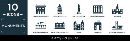 filled monuments icon set. contain flat lonja of zaragoza, galata tower in istanbul, walled obelisk, segovia aqueduct, moscow, roman theatre of merida Stock Vector