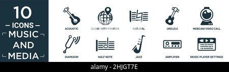 filled music and media icon set. contain flat acoustic, globe with pointer, natural, ukelele, webcam video call, diapason, half note, jazz, amplifier, Stock Vector