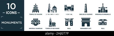 filled monuments icon set. contain flat temple of heaven in beijing, qutb minar in new delhi, medieval, obelisk of buenos aires, kinderdijk windmills, Stock Vector