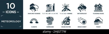 filled meteorology icon set. contain flat rain and thunder, earthquake and home, volcano warning, meteorology, flooding house, climate, hurricane, hou Stock Vector