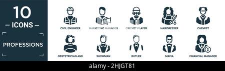 filled professions icon set. contain flat civil engineer, marketing manager, cricket player, hairdresser, chemist, obstetrician and gynecologist, show Stock Vector