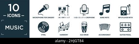 filled music icon set. contain flat microphone for singers, drummer set, broadcast microphone, song note, mp3 player with headphones, vynil, harmony, Stock Vector
