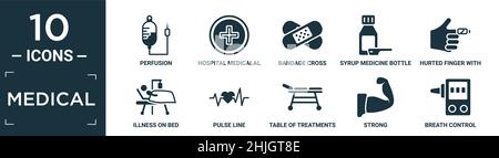 filled medical icon set. contain flat perfusion, hospital medicalal of a cross in a circle, bandage cross, syrup medicine bottle, hurted finger with b Stock Vector