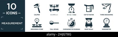 filled measurement icon set. contain flat caliper, old scale, small scale, cup of water, three measuring spoons, groceries store scale, full spoon, ch Stock Vector