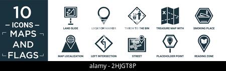 filled maps and flags icon set. contain flat land slide, location marker, throw to the bin, treasure map with x, smoking place, map localization, left Stock Vector