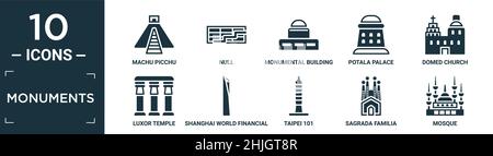 filled monuments icon set. contain flat machu picchu, null, monumental building, potala palace, domed church, luxor temple, shanghai world financial c Stock Vector