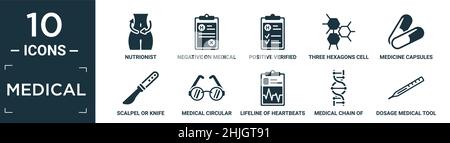 filled medical icon set. contain flat nutrionist, negative on medical clipboard, positive verified of a clipboard, three hexagons cell, medicine capsu Stock Vector