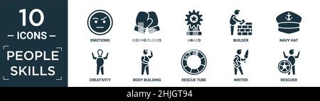 filled people skills icon set. contain flat emotions, boxing gloves, award, builder, navy hat, creativity, body building, rescue tube, writer, rescuer Stock Vector