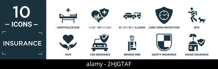 filled insurance icon set. contain flat hospitalization, heart insurance, rear end collision, long term protection, bite, safe, car insurance, broken Stock Vector