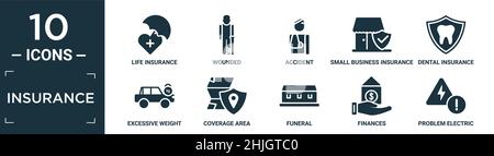 filled insurance icon set. contain flat life insurance, wounded, accident, small business insurance, dental excessive weight for the vehicle, coverage Stock Vector