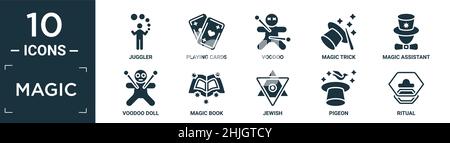filled magic icon set. contain flat juggler, playing cards, voodoo, magic trick, magic assistant, voodoo doll, book, jewish, pigeon, ritual icons in e Stock Vector