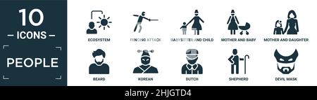 filled people icon set. contain flat ecosystem, fencing attack, babysitter and child, mother and baby, mother and daughter, beard, korean, dutch, shep Stock Vector