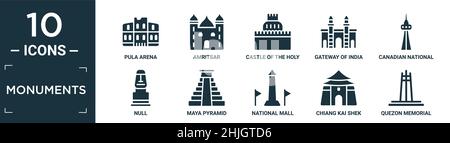 filled monuments icon set. contain flat pula arena, amritsar, castle of the holy angel in rome, gateway of india, canadian national tower, null, maya Stock Vector