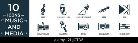 filled music and media icon set. contain flat clef, charging plug, music spotlight, oboe, skip, breath mark, hand mic, minim, semiquaver, whole rest i Stock Vector