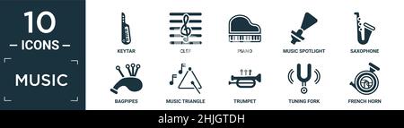 filled music icon set. contain flat keytar, clef, piano, music spotlight, saxophone, bagpipes, music triangle, trumpet, tuning fork, french horn icons Stock Vector